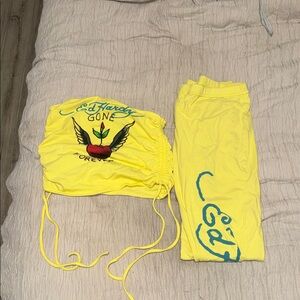 Ed Hardy Yellow Graphic Crop Top and Leggings Set